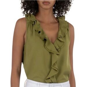Kut From The Kloth Genessa Sleeveless Olive Green Double Ruffle V-Neck Top Sz L